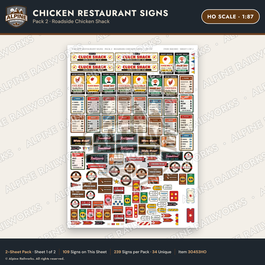 Alpine Railworks 30453HO HO Scale Chicken Restaurant Signs