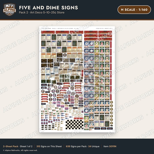 Alpine Railworks 30111N N Scale Five and Dime Signs