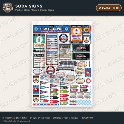 Alpine Railworks 30341O O Scale Soda Signs - Diner Menu & Cooler