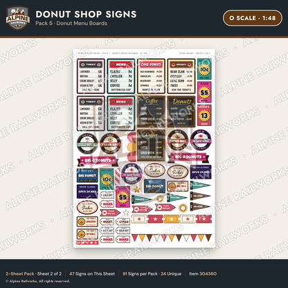 Alpine Railworks 30438O O Scale Donut Shop Signs - Donut Menu Boards