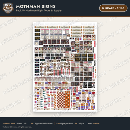 Alpine Railworks 30162N N Scale Mothman Signs - Mothman Night Tours