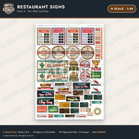 Alpine Railworks 30035O O Scale Restaurant Signs - Tex-Mex Cantina