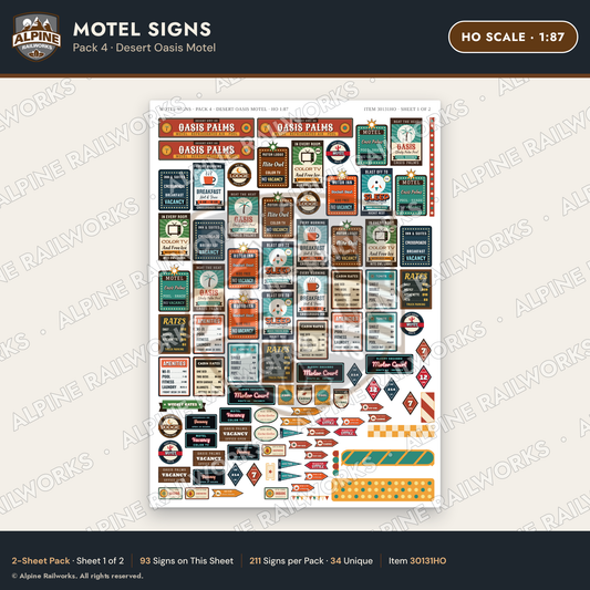 Alpine Railworks 30131HO HO Scale Motel Signs - Desert Oasis Motel
