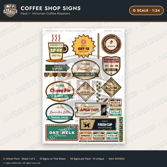 Alpine Railworks 30092G G Scale Coffee Shop Signs