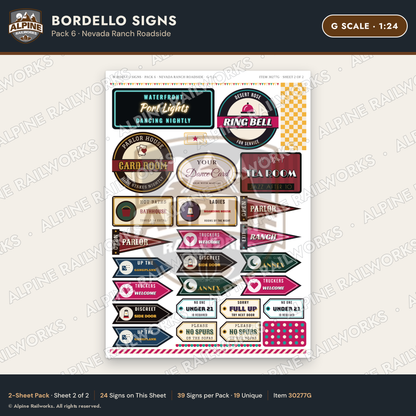 Alpine Railworks 30277G G Scale Bordello Signs - Nevada Ranch Roadside