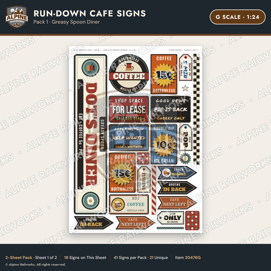 Alpine Railworks 30476G G Scale Run-Down Cafe Signs