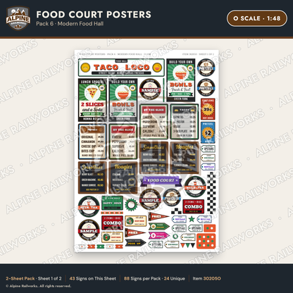 Alpine Railworks 30205O O Scale Food Court Posters - Modern Food Hall