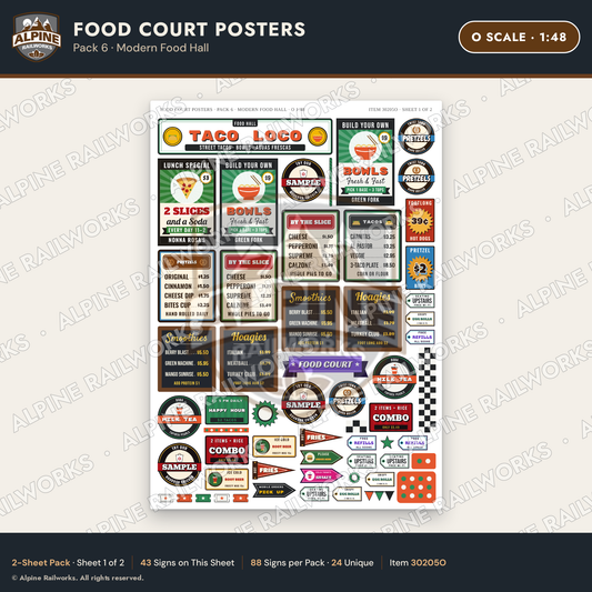 Alpine Railworks 30205O O Scale Food Court Posters - Modern Food Hall