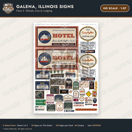 Alpine Railworks 31370HO HO Scale Galena IL Signs - Motels & Inns