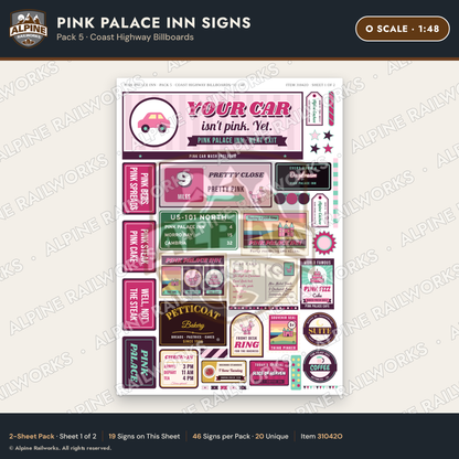 Alpine Railworks 31042O O Scale Roadside Signs - Pink Themed Motel