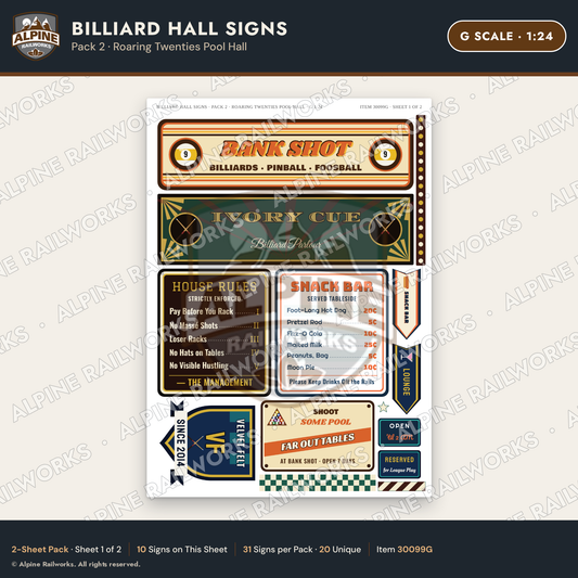 Alpine Railworks 30099G G Scale Billiard Hall Signs