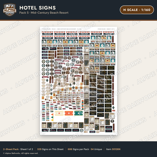 Alpine Railworks 30126N N Scale Hotel Signs - Mid-Century Beach Resort