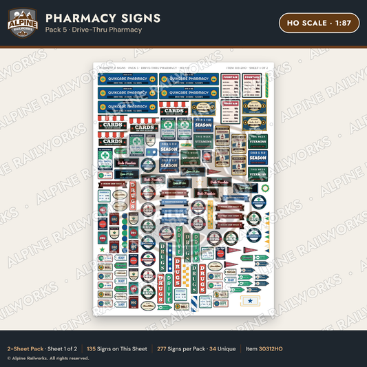 Alpine Railworks 30312HO HO Scale Pharmacy Signs - Drive-Thru Pharmacy