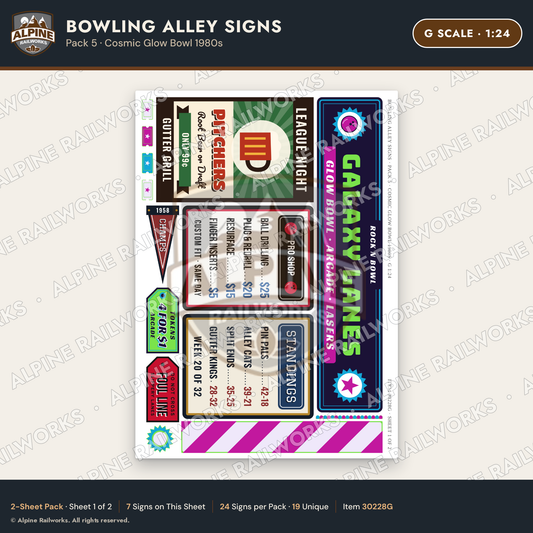 Alpine Railworks 30228G G Scale Bowling Alley Signs - Cosmic Glow Bowl