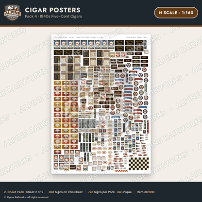 Alpine Railworks 30191N N Scale Cigar Posters - 1940s Five-Cent Cigars