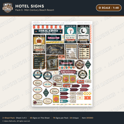 Alpine Railworks 30126O O Scale Hotel Signs - Mid-Century Beach Resort