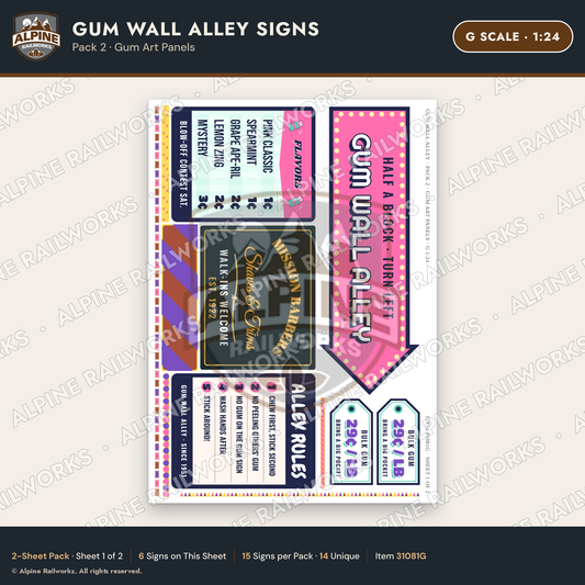 Alpine Railworks 31081G G Scale Roadside Signs - Bubblegum Alley