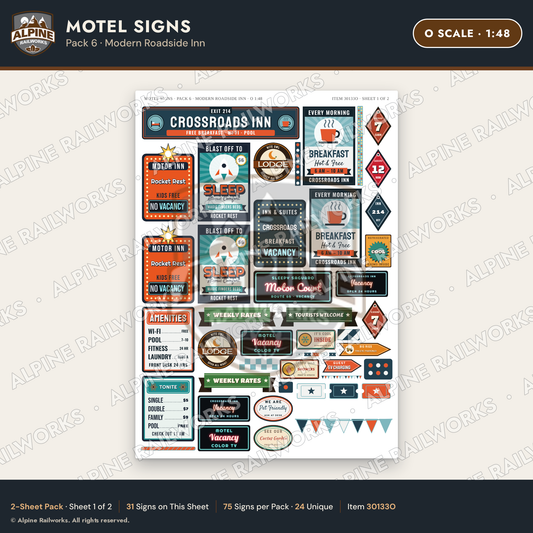 Alpine Railworks 30133O O Scale Motel Signs - Modern Roadside Inn