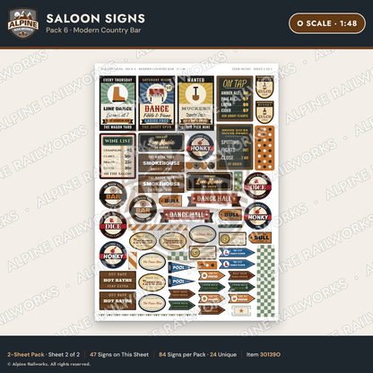 Alpine Railworks 30139O O Scale Saloon Signs - Modern Country Bar