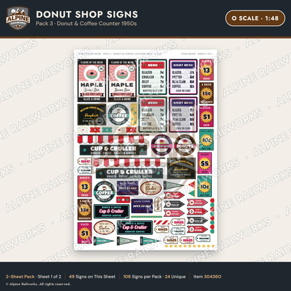 Alpine Railworks 30436O O Scale Donut Shop Signs - Donut