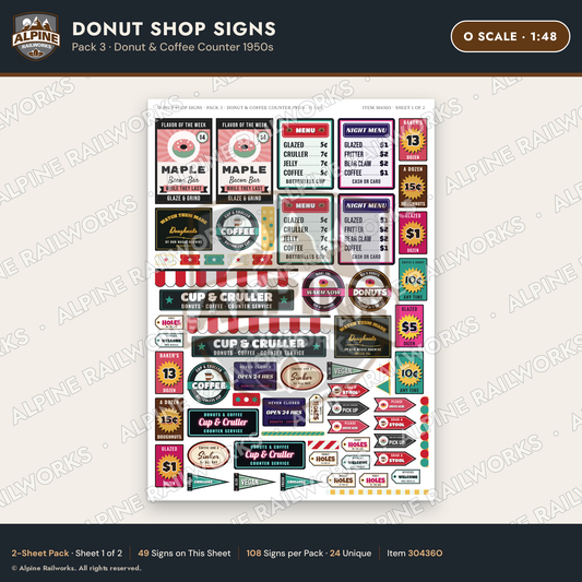 Alpine Railworks 30436O O Scale Donut Shop Signs - Donut