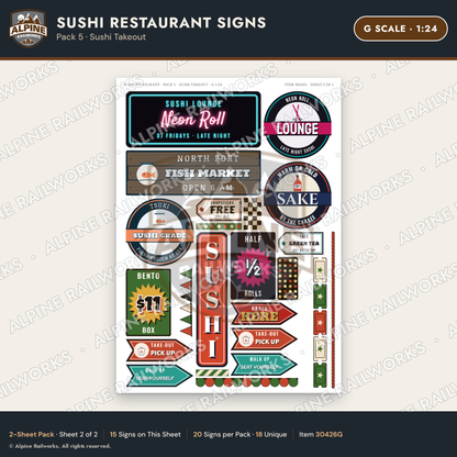Alpine Railworks 30426G G Scale Sushi Restaurant Signs - Sushi Takeout