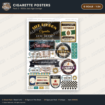 Alpine Railworks 30183G G Scale Cigarette Posters - Jazz Age Lounge