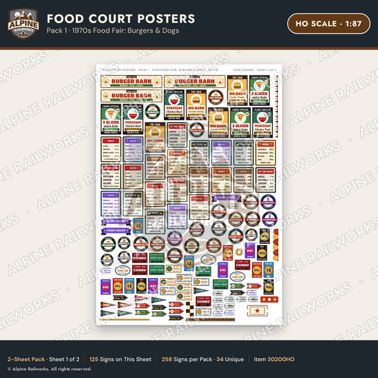 Alpine Railworks 30200HO HO Scale Food Court Posters - Burgers & Dogs