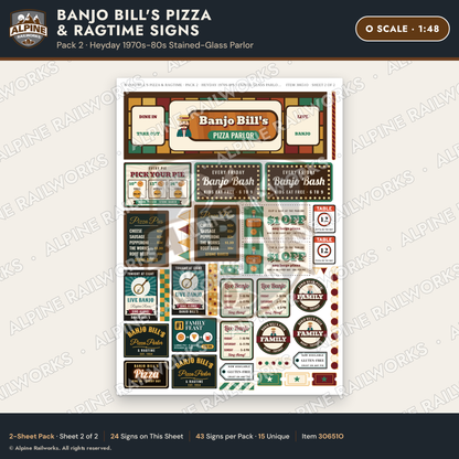 Alpine Railworks 30651O O Scale Restaurant Signs - Pizza & Music Hall
