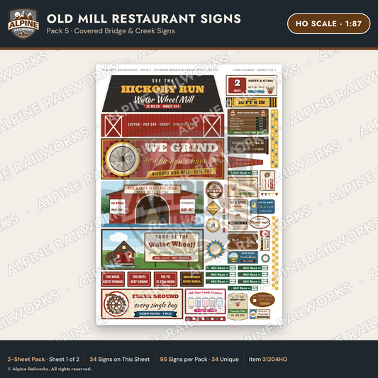 Alpine Railworks 31204HO HO Scale Old Mill Signs - Covered Bridge