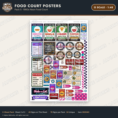 Alpine Railworks 30204O O Scale Food Court Posters - Neon Food Court