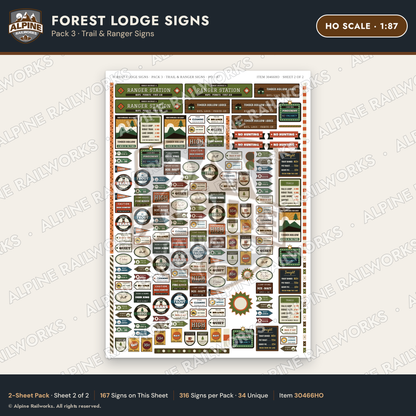 Alpine Railworks 30466HO HO Scale Forest Lodge Signs - Trail & Ranger