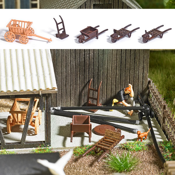 Busch 1630 HO Scale Cart Set -- Wheelbarrow, Dolly, 2 Hand Trucks, Small Cart