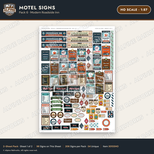 Alpine Railworks 30133HO HO Scale Motel Signs - Modern Roadside Inn