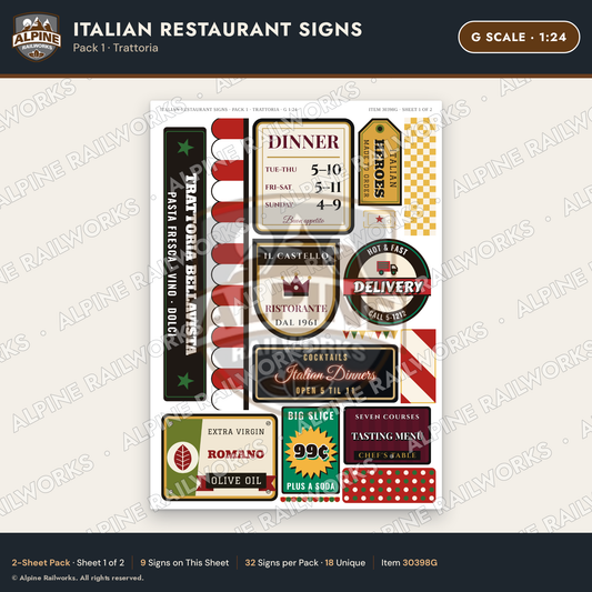 Alpine Railworks 30398G G Scale Italian Restaurant Signs - Trattoria