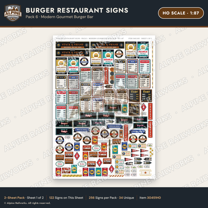 Alpine Railworks 30451HO HO Scale Burger Restaurant Signs