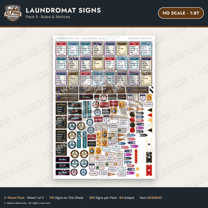 Alpine Railworks 30306HO HO Scale Laundromat Signs - Rules & Notices