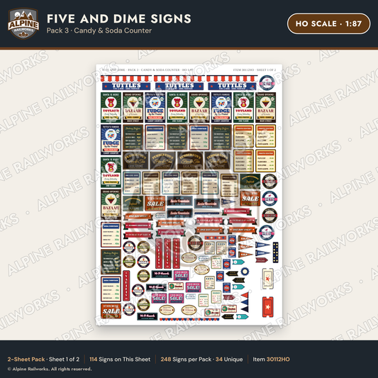 Alpine Railworks 30112HO HO Scale Five and Dime Signs - Candy