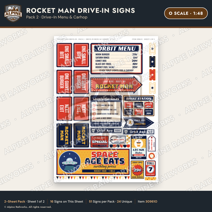 Alpine Railworks 30961O O Scale Roadside Signs - Spaceman Drive-In