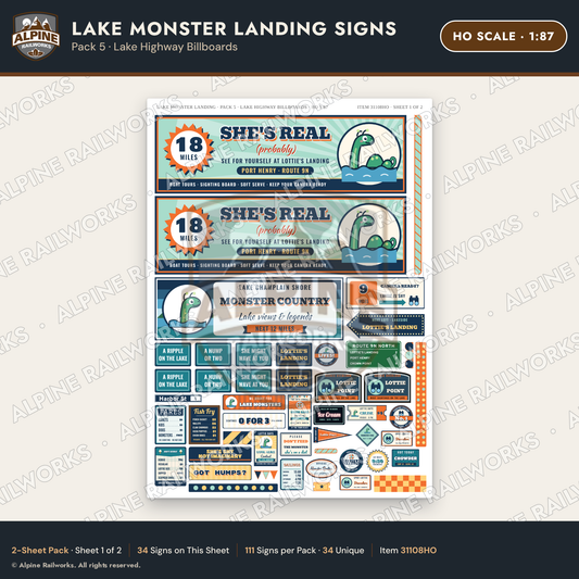 Alpine Railworks 31108HO HO Scale Roadside Signs - Lake Monster