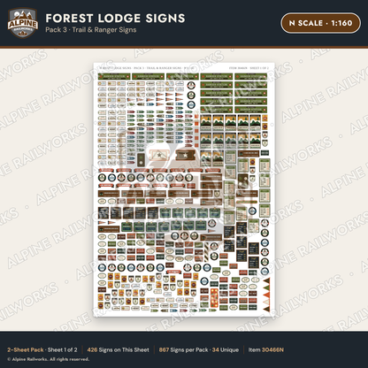 Alpine Railworks 30466N N Scale Forest Lodge Signs - Trail & Ranger