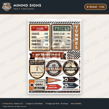 Alpine Railworks 30269G G Scale Mining Signs - Coal Country