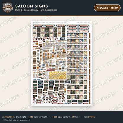 Alpine Railworks 30138N N Scale Saloon Signs - Honky-Tonk Roadhouse
