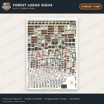 Alpine Railworks 30469N N Scale Forest Lodge Signs - Wildlife & Rules