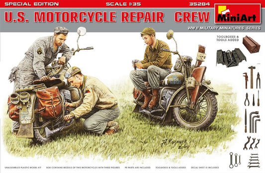Miniart Models 35284 1/35 WWII US Motorcycle Repair Crew (3) w/2 Motorcycles, To