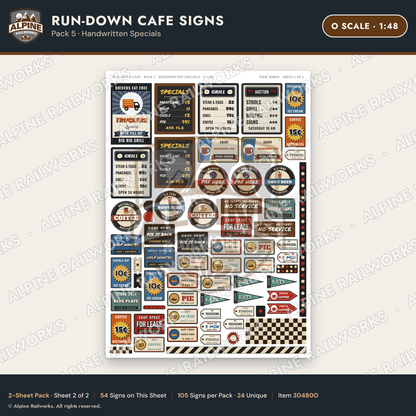 Alpine Railworks 30480O O Scale Run-Down Cafe Signs
