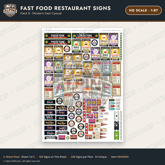 Alpine Railworks 30433HO HO Scale Fast Food Restaurant Signs