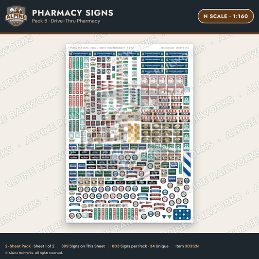 Alpine Railworks 30312N N Scale Pharmacy Signs - Drive-Thru Pharmacy