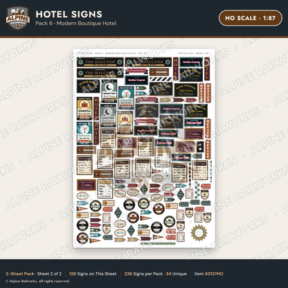 Alpine Railworks 30127HO HO Scale Hotel Signs - Modern Boutique Hotel