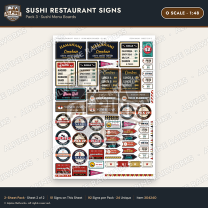 Alpine Railworks 30424O O Scale Sushi Restaurant Signs